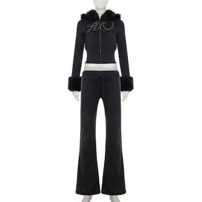 Joskaa Rhinestone Zip Up Hooded Long Sleeve Two Piece Set - two piece set image 4