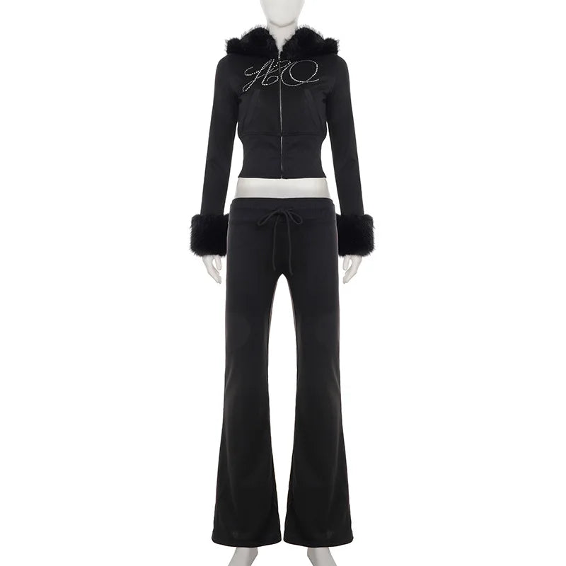 Joskaa Rhinestone Zip Up Hooded Long Sleeve Two Piece Set - two piece set image 4
