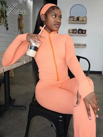 Women's Long Sleeve Crop Zip Two Piece Set Orange – Front View