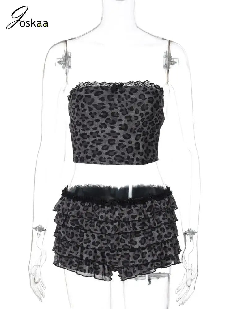 Women's Leopard Print Lace Mesh Two Piece Set Leopard Print – Back View