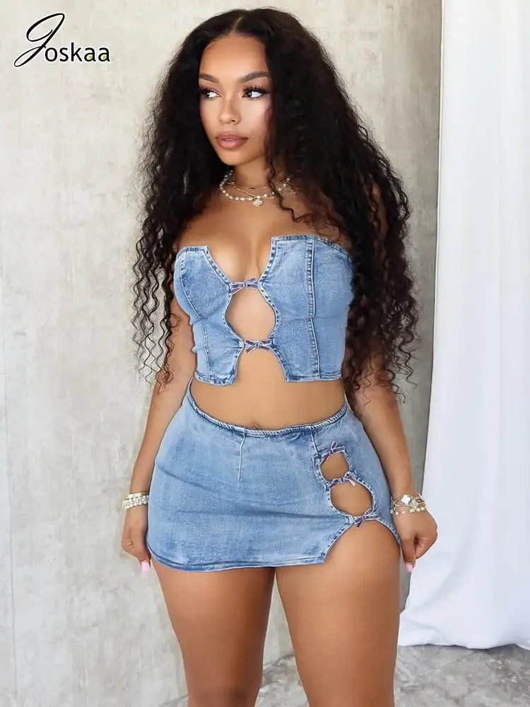 Women's Denim Cutout Strapless Two Piece Set – Women's Fashion Wholesale – Front View