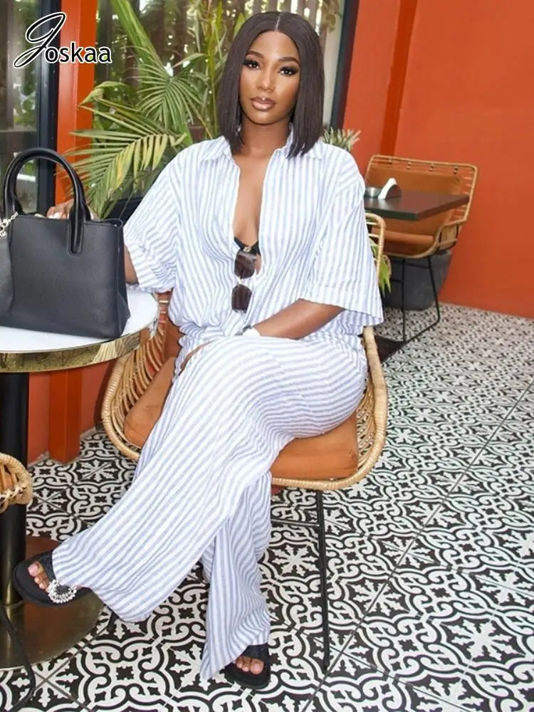 Women's Stripe Short Sleeve Flare Two Piece Set Blue – Front View