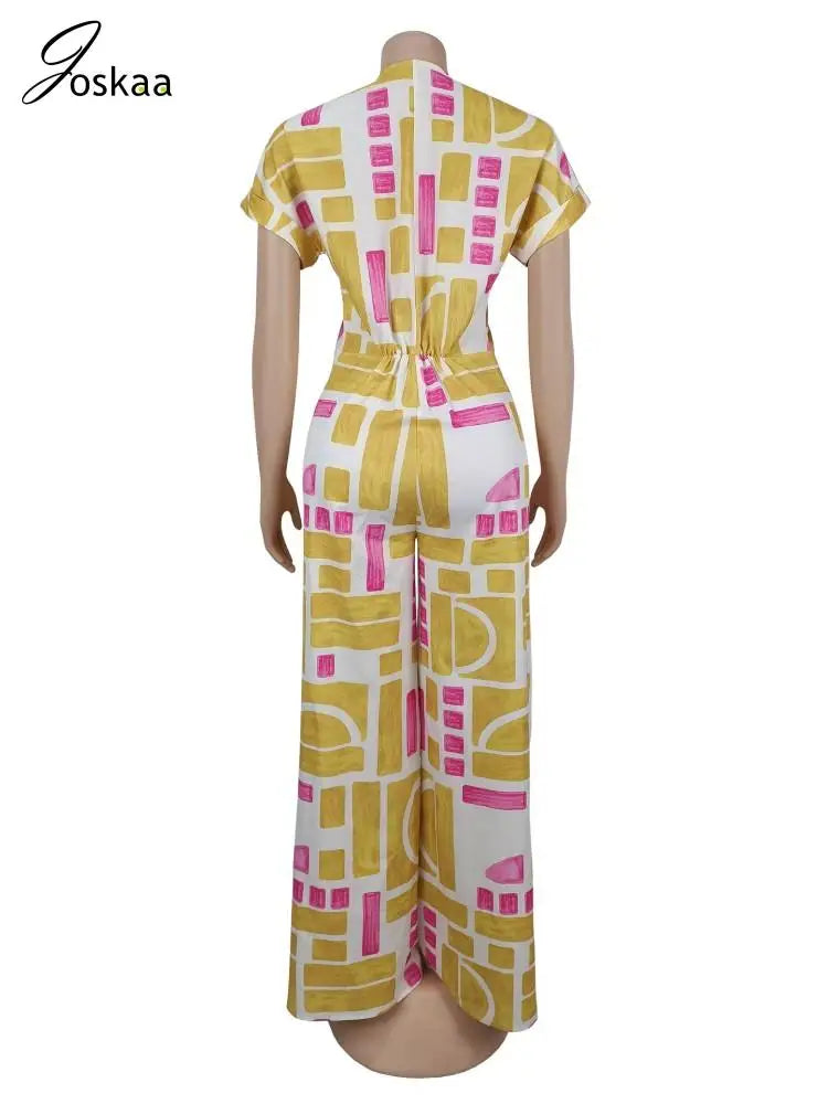 Women's Short Sleeve Flare Zip Wide Leg Romper Yellow – Detail View