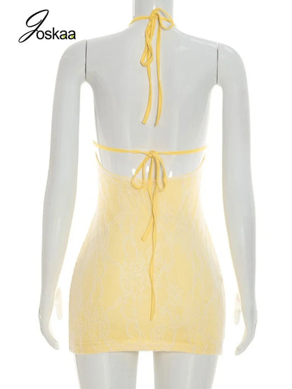 Women's Lace Cutout Halter Bodycon Mini Dress Apricot – Detail View