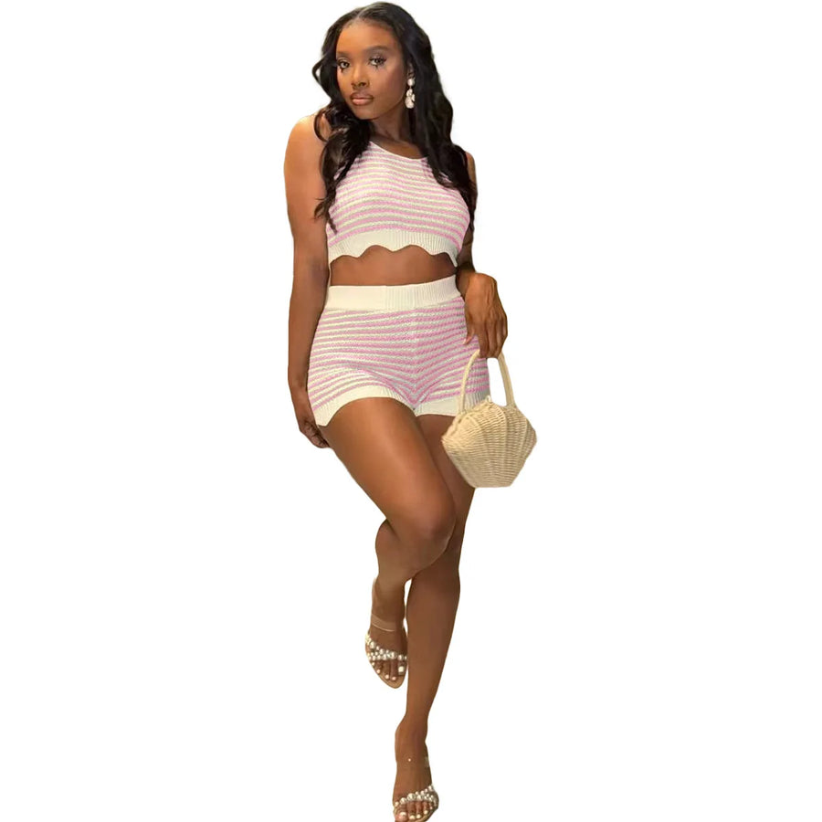 Women's Stripe Knit Ribbed Two Piece Set