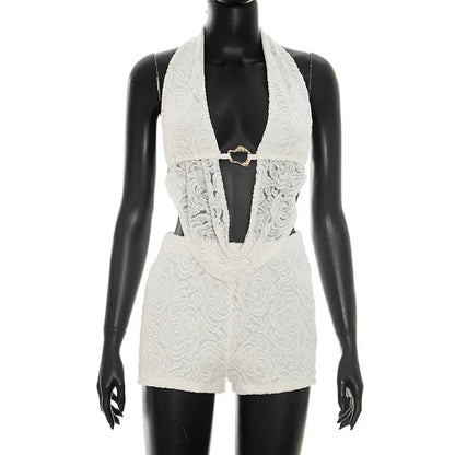 Women's Lace Backless Halter Two Piece Set