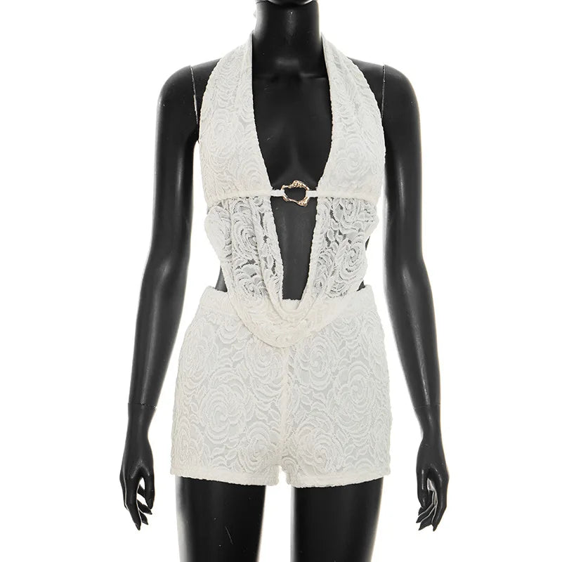 Women's Lace Backless Halter Two Piece Set
