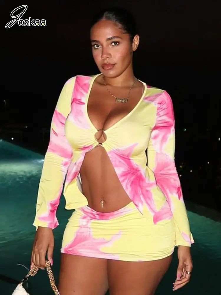 Women's Floral Print Long Sleeve Bodycon Two Piece Set Yellow – Side View
