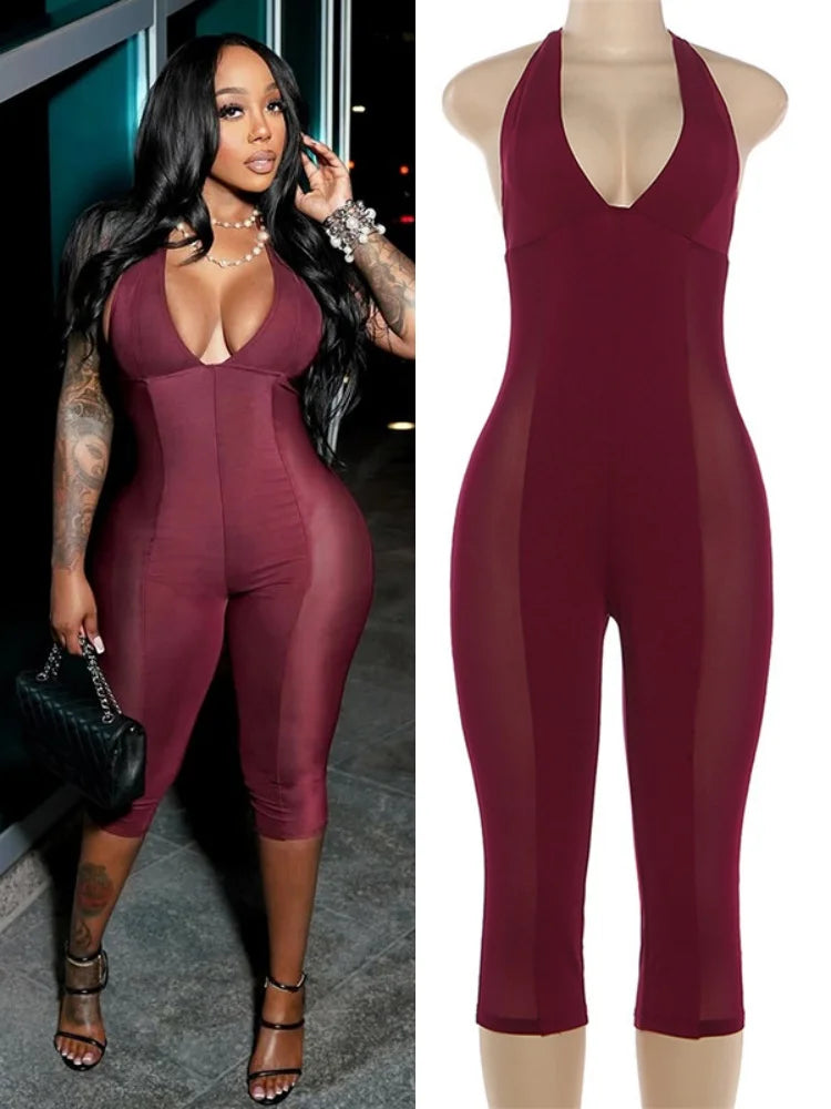 Women's Mesh Backless V-neck Halter Romper - Additional View 8