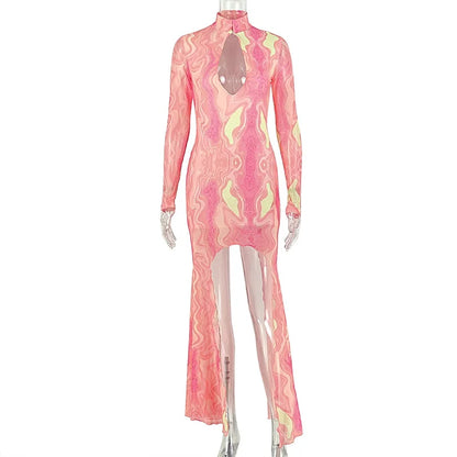 Women's Swirl Print Mesh Cutout Long Sleeve Maxi Dress - Additional View 7
