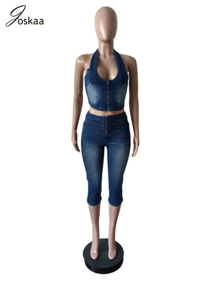 Women's Denim Halter Crop Zip Two Piece Set Sky Blue – Back View