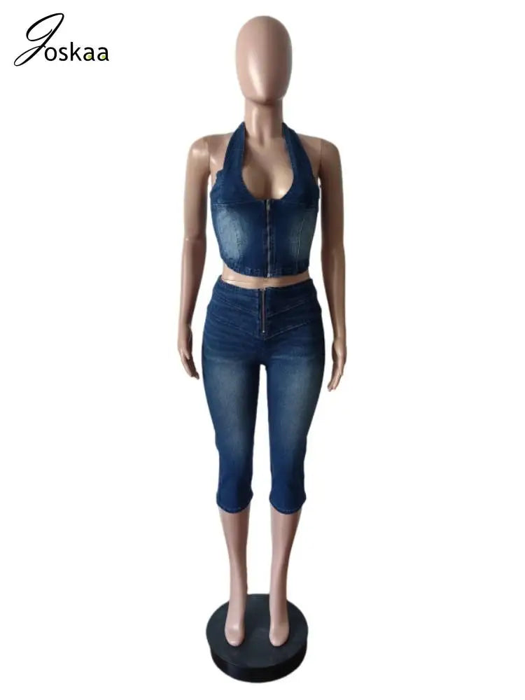 Women's Denim Halter Crop Zip Two Piece Set Sky Blue – Back View