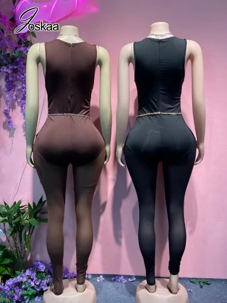 Wholesale Women's Mesh Sleeveless Bodycon Romper Coffee – Front View