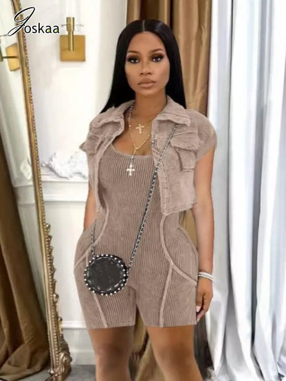 Women's Short Sleeve Sporty Lapel Shirt Two Piece Set Khaki – Back View