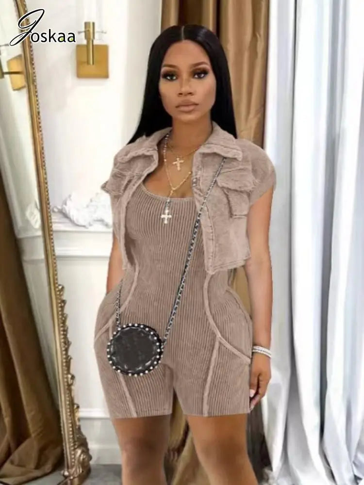 Women's Short Sleeve Sporty Lapel Shirt Two Piece Set Khaki – Back View