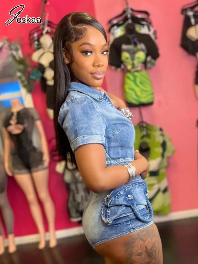 Women's Denim Short Sleeve Bodycon Romper Blue – Front View