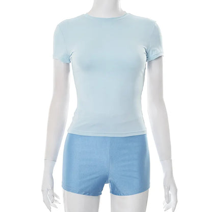 Women's Short Sleeve Sporty Round Neck Two Piece Set