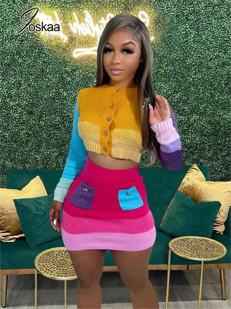 Women's Knit Long Sleeve Mini Two Piece Set purple blue – Front View