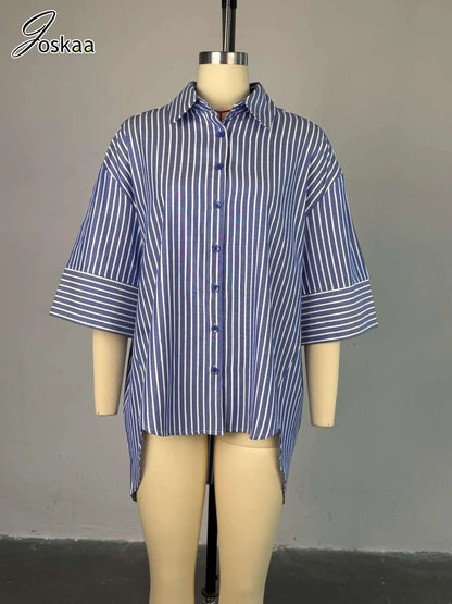 Women's Stripe Long Sleeve Blue Striped Shirt Top Blue – Detail View
