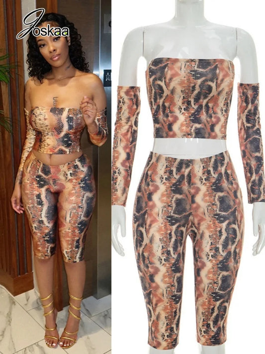 Women's Snake Print Strapless High Waist Two Piece Set - Front View