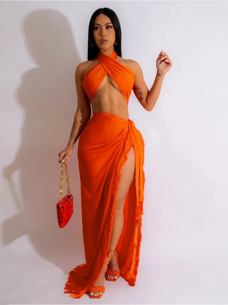 Women's Maxi Solid Wrap Chest Two Piece Set – Women's Fashion Wholesale – Front View