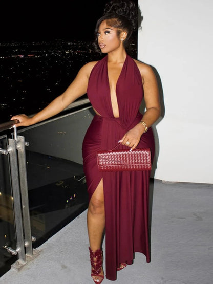 Women's Ruched Backless Halter Bodycon Dress
