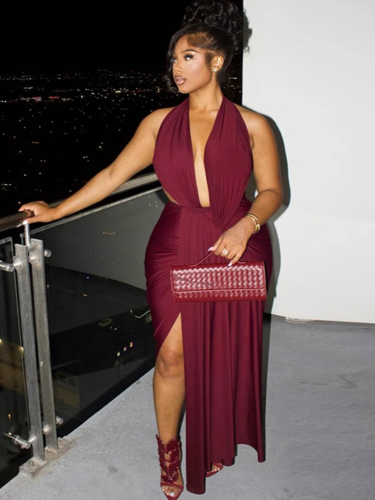 Women's Ruched Backless Halter Bodycon Dress