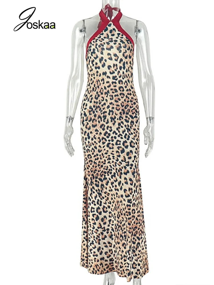 Women's Leopard Print Lace Backless Halter Maxi Dress - Back View