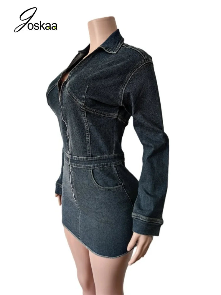 Women's Denim Print V-neck Zip Up Long Sleeve Mini Dress - Detail View
