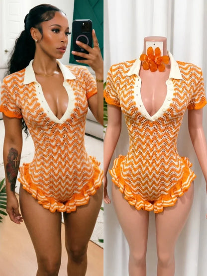 Women's Striped Ribbed Knit Bodycon Romper - Additional View 8