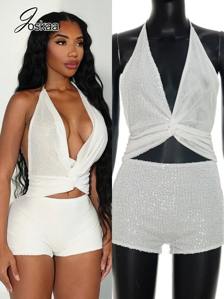 Women's Sequin Backless V-neck Halter Two Piece Set - Women's Fashion Wholesale - Front View