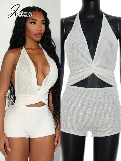 Women's Sequin Backless V-neck Halter Two Piece Set - Women's Fashion Wholesale - Front View