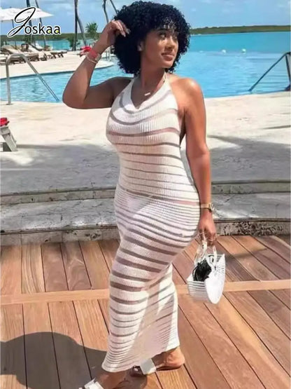 Women's Stripe Lace Knit Backless Bikini Set White – Detail View