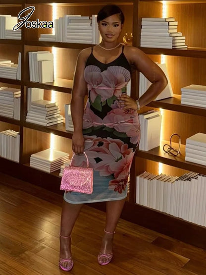 Women's Floral Print Mesh Sleeveless Maxi Dress Mixed – Front View