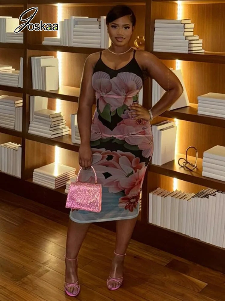 Women's Floral Print Mesh Sleeveless Maxi Dress Mixed – Front View
