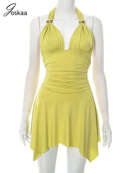 Women's Lace Ruched Backless Halter Mini Dress Green – Back View