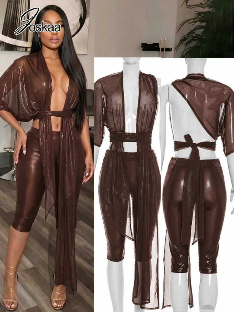 Women's Mesh Backless One Shoulder Two Piece Set - Women's Fashion Wholesale - Front View