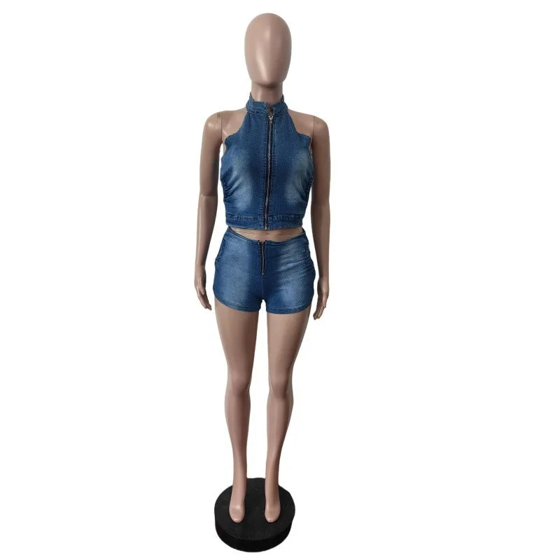 Wholesale Women's Denim Crop Zip Two Piece Set