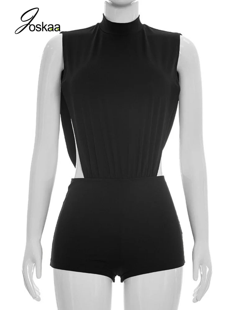 Women's Backless Cutout Sleeveless Romper Black – Back View