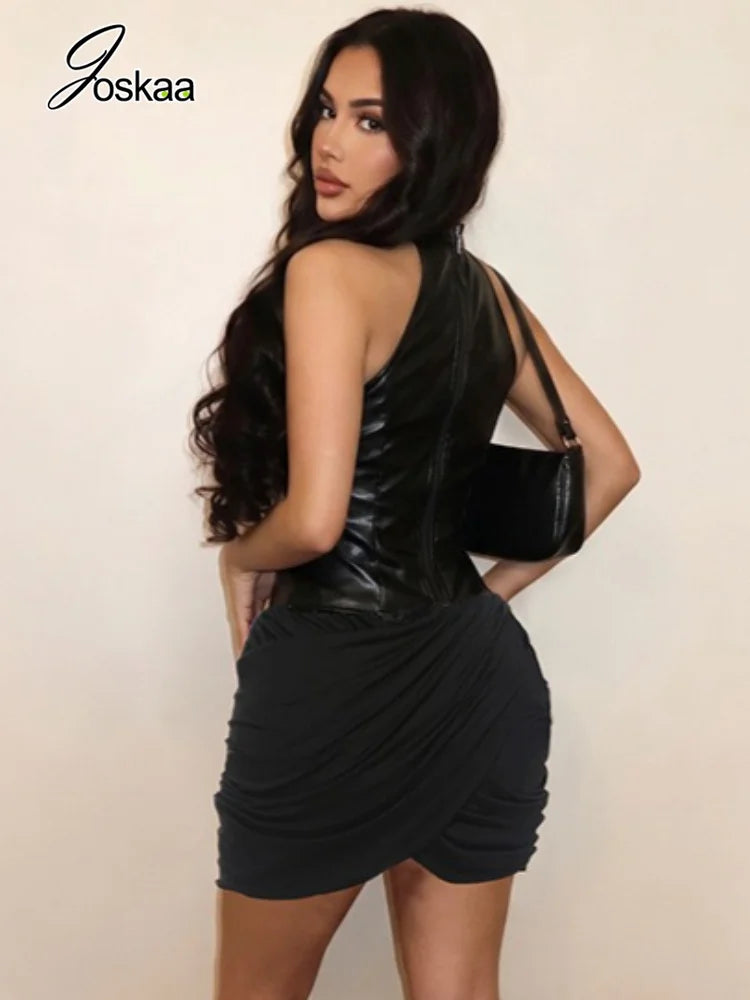 Women's Faux Leather Zip Up Sleeveless Bodycon Mini Dress - Side View