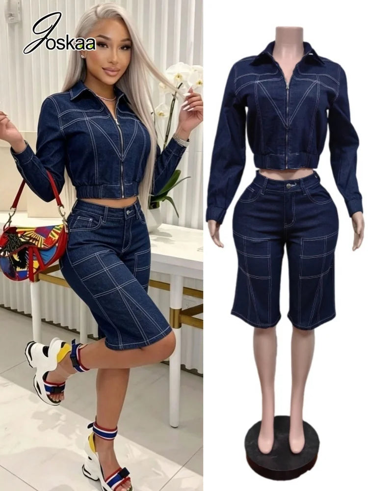 Women's Denim Print Zip Up Long Sleeve Two Piece Set - Women's Fashion Wholesale - Front View