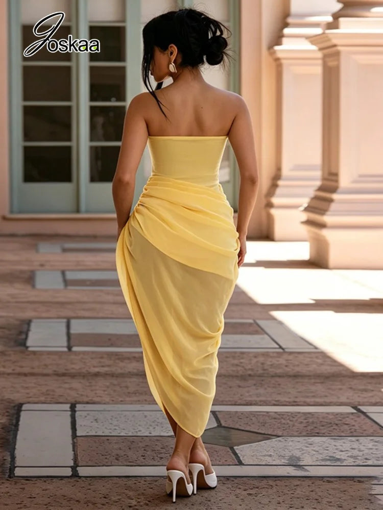 Women's Mesh Ruched Strapless Bodycon Dress White – Front View