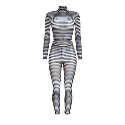 Women's Striped Mesh Long Sleeve High Waist Two Piece Set - Additional View 7