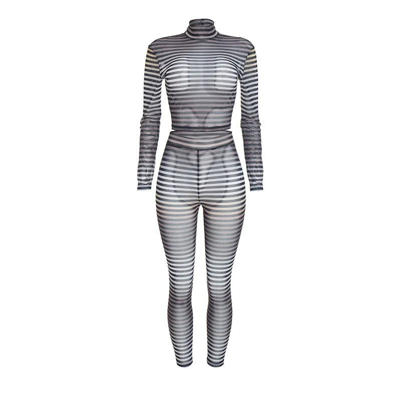 Women's Striped Mesh Long Sleeve High Waist Two Piece Set - Additional View 7