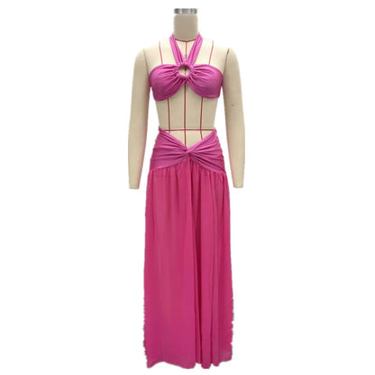 Joskaa Ruched Backless Halter Maxi Two Piece Set - two piece set image 5