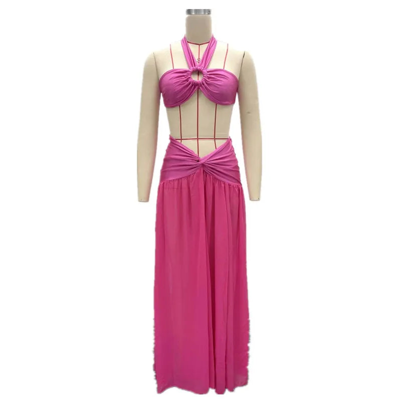 Joskaa Ruched Backless Halter Maxi Two Piece Set - two piece set image 5