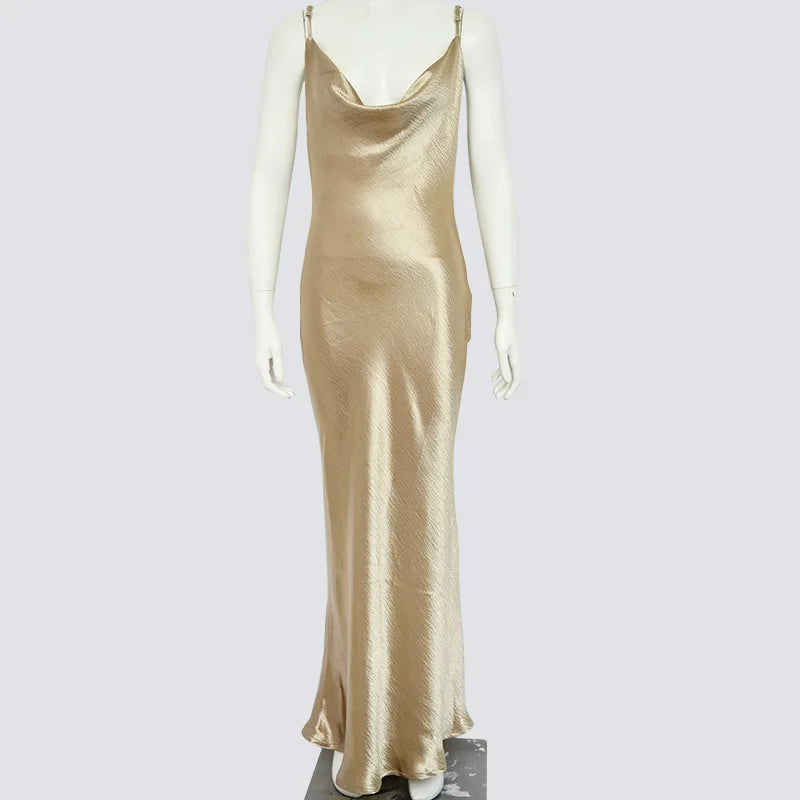 Women's Satin Backless Solid Spaghetti Strap Maxi Dress
