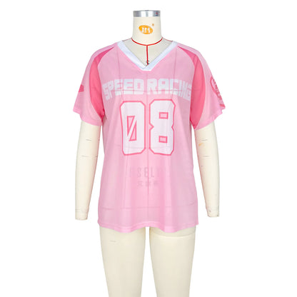 Joskaa Mesh Short Sleeve Top Letter Print Oversized - top image 7