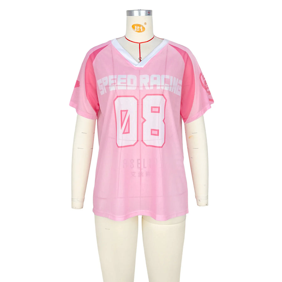 Joskaa Mesh Short Sleeve Top Letter Print Oversized - top image 7