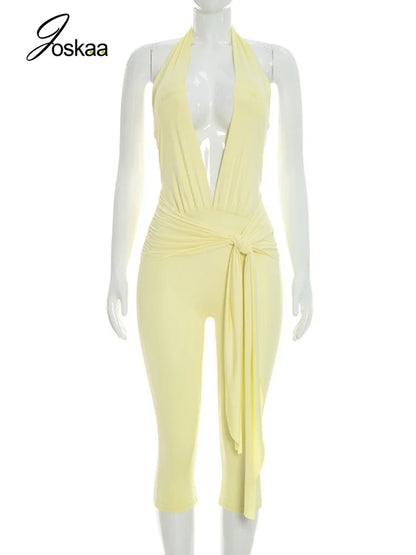 Women's Backless V-neck Halter Sleeveless Romper - Back View